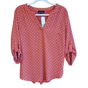 Fortune + Ivy Burnt Orange Polka Dot Blouse NWT Roll Tab Sleeve V Neck SM
